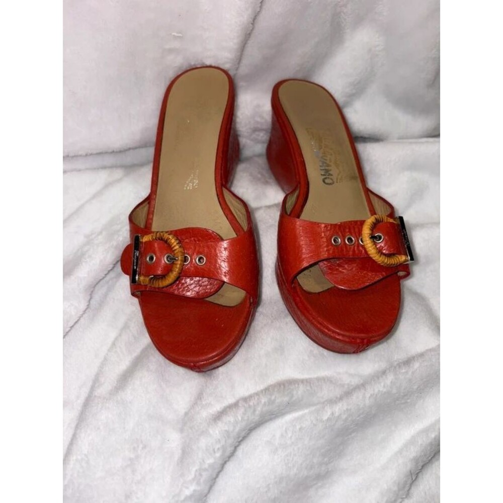 Salvatore Ferragamo Wedge Slide Sandals Bamboo Buckle Sz 6.5